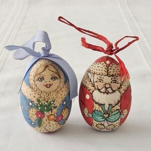 Vintage Russian Christmas Wood Hand Painted Egg Ornaments